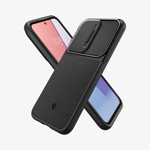 ACS05639 - Galaxy S23 Ultra Case Optik Armor in black showing the back with lens protector slot open